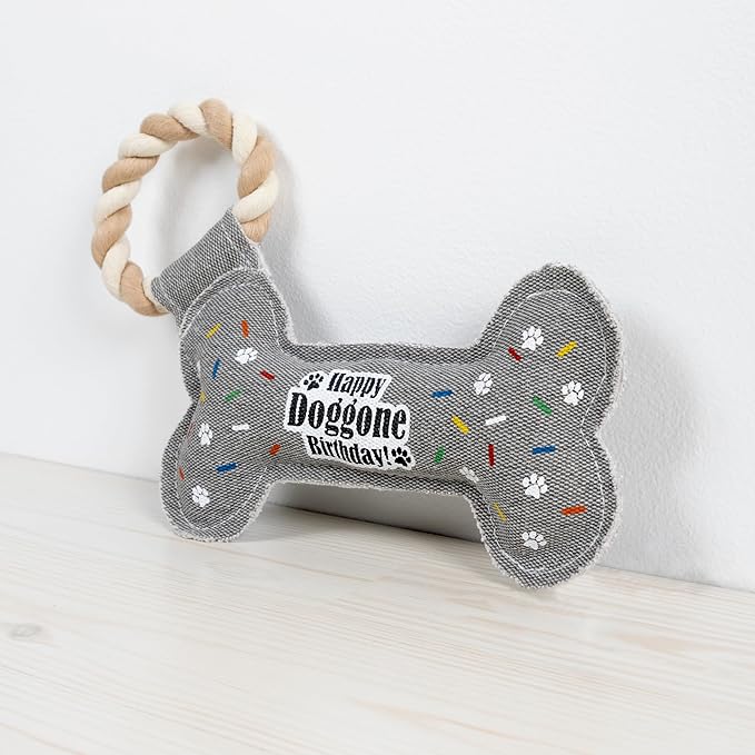 Pavilion - Happy Doggone Birthday - 11" Bone Puppy Dog Toy with Rope Handle K-9 Furry Companion Sprinkles Celebration Aging Birthday Gift Present