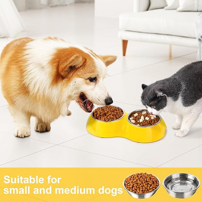 Stainless Steel Dog Bowls Set – Dual Non-Slip Pet Dishes with 2 Small (4oz*2) Bowls & Durable Resin Stand,Food & Water Feeder for Puppies, Kittens, and Small Breed Dogs – Yellow