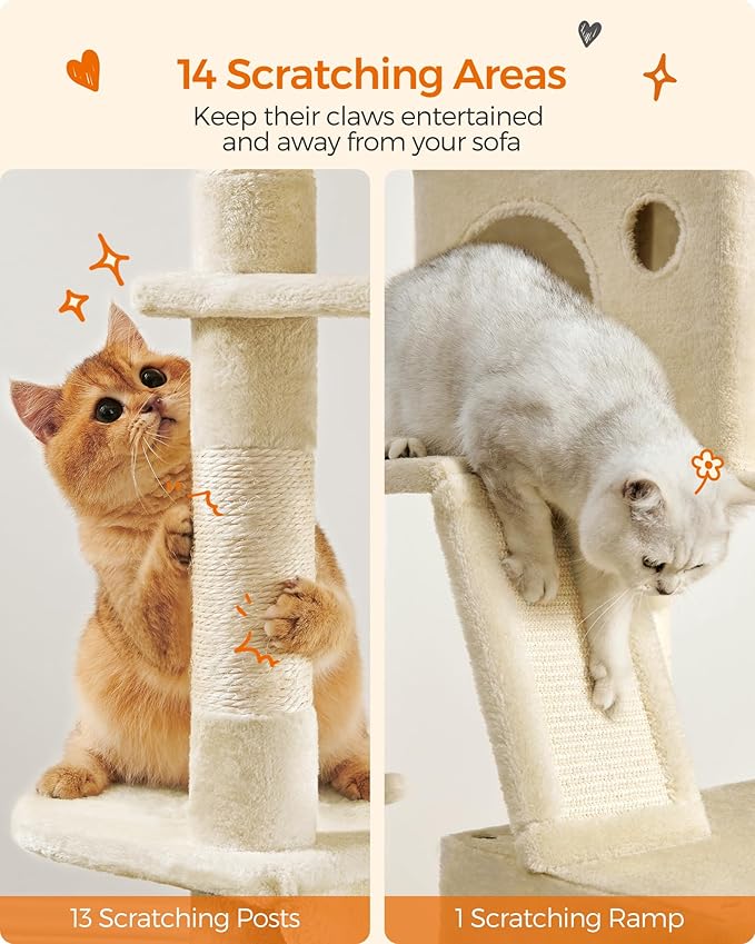 Feandrea Cat Tree, 81.1-Inch Large Cat Tower, Multi-Level Plush Condo with 13 Scratching Posts, 2 Perches, 2 Caves, Basket, Hammock, Pompoms, Beige UPCT190M01
