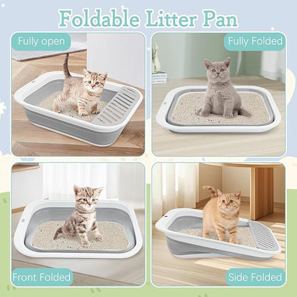 Fhiny Kitten Litter Box Portable Shallow Litter Box 17.7"x13.4"x4.9" Foldable Cat Toilet with Scoop Open Kitty Potty Pan with Litter Drop Pedal Easy to Clean Travel Kitten Toilet(Gray)