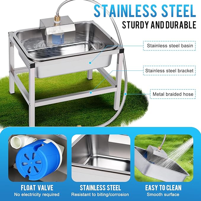 3Gal Automatic Dog Water Bowl Dispenser for Large Dogs Outdoor Elevated Dog Water Bowl with Stand, Stainless Steel Pet Waterer with Float Valve for Large Breed Goat Livestock