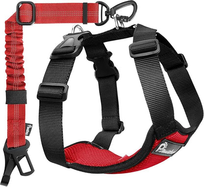 Pawaboo Dog Seat Belt Harness for Car, Dog Car Harness Seatbelt with Double Clips, Adjustable Breathable Pet Vest & Dogs Safety Tether with Elastic Bungee for Small Medium Large Pet, S, Red+Black