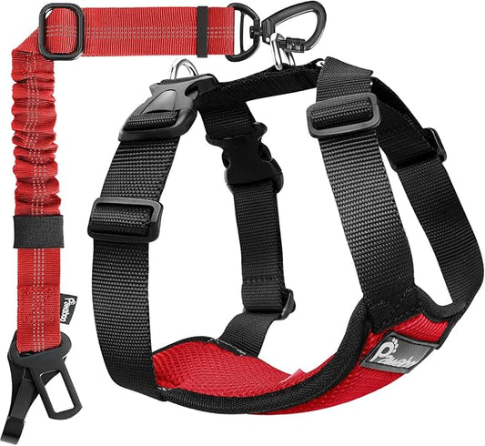 Pawaboo Dog Seat Belt Harness for Car, Dog Car Harness Seatbelt with Double Clips, Adjustable Breathable Pet Vest & Dogs Safety Tether with Elastic Bungee for Small Medium Large Pet, S, Red+Black