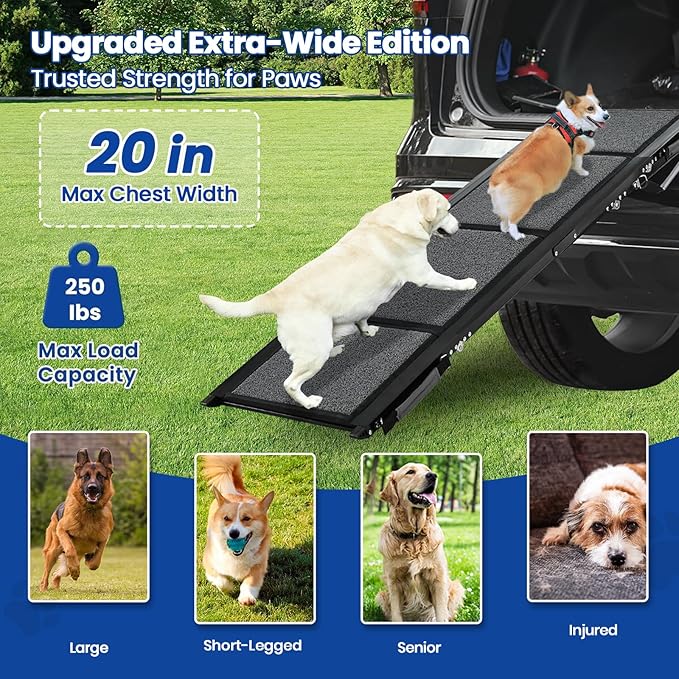 Dog Ramp for Car, Pawlify 71" x 20" Dog Ramps for Large Dogs with Anti-Pinch Handle and Anti-Slip Rug Surface, Folding Dog Ramp Up to 250LBS, Portable Dogs Car Ramp for SUV, Trucks