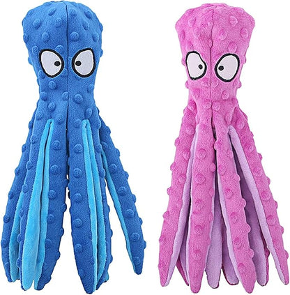 Squeaky Octopus Dog Toy – No Stuffing, Crinkle Sound Plush Chew Toy for Small and Medium Dogs – Durable and Machine Washable – 2 Pack (Blue & Pink)