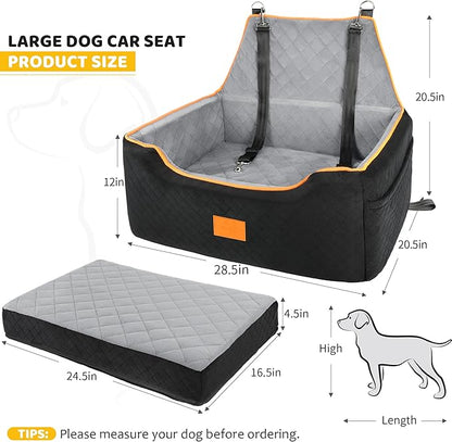 XIEEAOZEE Dog Car Seat for Large/Medium Dog, Booster Seat for Dogs Under 55Lbs or 2 Small, Detachable and Washable Travel Pet Seat with Thick Cushion and Storage Pockets (Black/Gray)