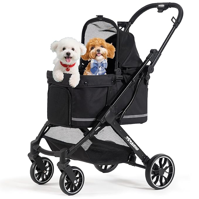 797Audio Dog Stroller for Small Medium Dogs,Pet Stroller for Cats Puppy Up to 121lbs,Foldable,One Click Folding,4 Wheel Shock Absorption,Adjustable Canopy with Sun Shades,Removable Washable Pad(Black)