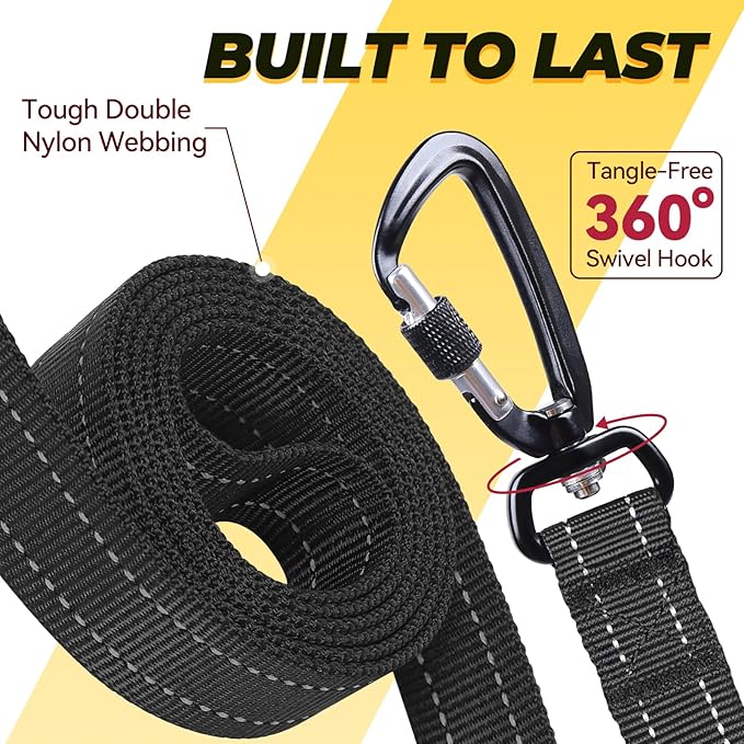 VIVAGLORY Dog Leash Twingrip Double Handle Dog Leash with Traffic Handle Control & 2 Loop for Walking & Training, Reflective Heavy Duty for Puppy Pet Collar, 5ft x 1in, Black