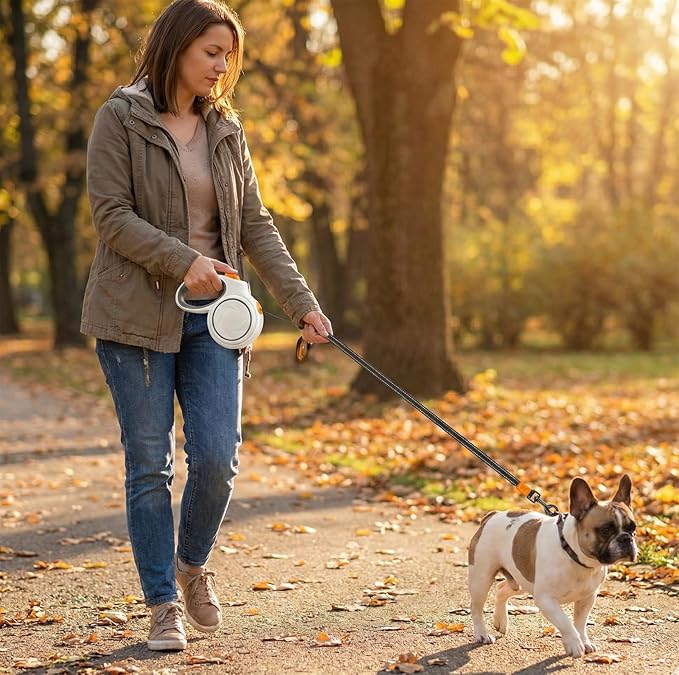 16ft Retractable Dog Leash for Large Dogs up to 110 lbs 16ft,Ideal for City Walks & Multi-Pet Homes, Suitable for Cats,Heavy-Duty Nylon Tape, 360° Tangle-Free, One-Hand Brake & Lock, White