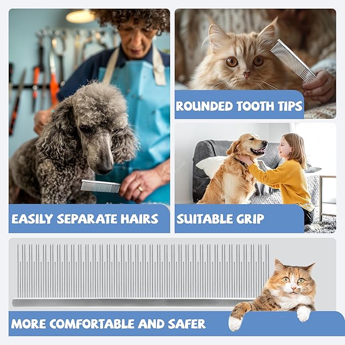 Professional 7.5 In Dual Tooth Pet Grooming Comb for Long-Haired Cats and Dogs, Metal Dematting Tool for Tangles, Knots, Undercoat and Excess Hair, Rounded Corners for Safe Deshedding and Detangling