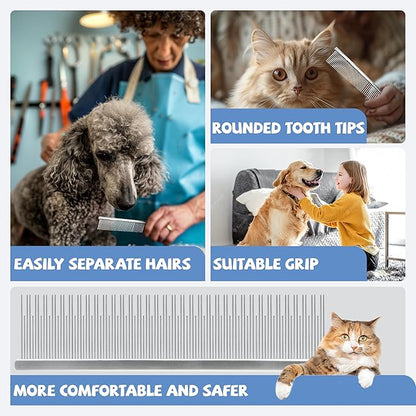 Professional 7.5 In Dual Tooth Pet Grooming Comb for Long-Haired Cats and Dogs, Metal Dematting Tool for Tangles, Knots, Undercoat and Excess Hair, Rounded Corners for Safe Deshedding and Detangling