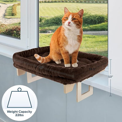 Cat Bed for Window Sill - Cat Window Perch with Bolster and Removable Washable Cover - Window Hammock with Sturdy Wood Frame for Large Cats - Pet Beds for Indoor Cats by PETMAKER (Brown)