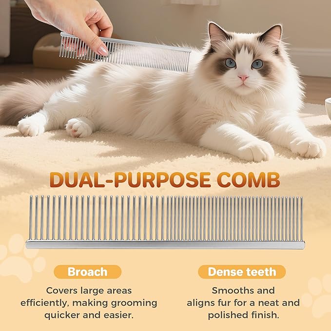 Pet Grooming Comb with Rounded Ends Stainless Steel Teeth for Dogs & Cats,Wide & Dense Teeth for Removing Tangles, Knots,Undercoat,Flea,Face,Chin,Tear Stain,Excess Hair,Metal Dematting Tool Pet Gift