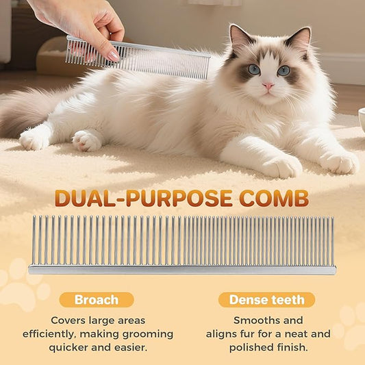 Pet Grooming Comb with Rounded Ends Stainless Steel Teeth for Dogs & Cats,Wide & Dense Teeth for Removing Tangles, Knots,Undercoat,Flea,Face,Chin,Tear Stain,Excess Hair,Metal Dematting Tool Pet Gift
