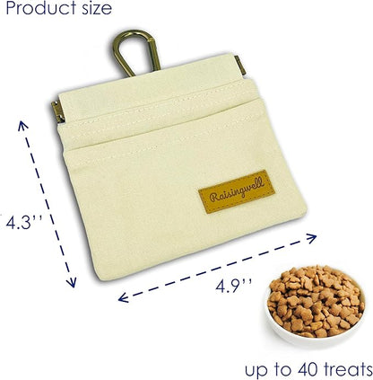 Raisingwell Dog Treat Pouch, Lvory Pocket Sized Pet Training Pouch, Cotton Fabric, Hand Free Dog Walking Bag with Carabiner, Self-Closing Pet Feed Snack Reward, for Puppy Travel or Outdoor Use