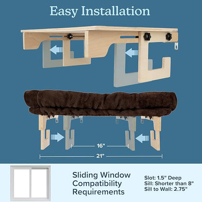 Cat Bed for Window Sill - Cat Window Perch with Bolster and Removable Washable Cover - Window Hammock with Sturdy Wood Frame for Large Cats - Pet Beds for Indoor Cats by PETMAKER (Brown)