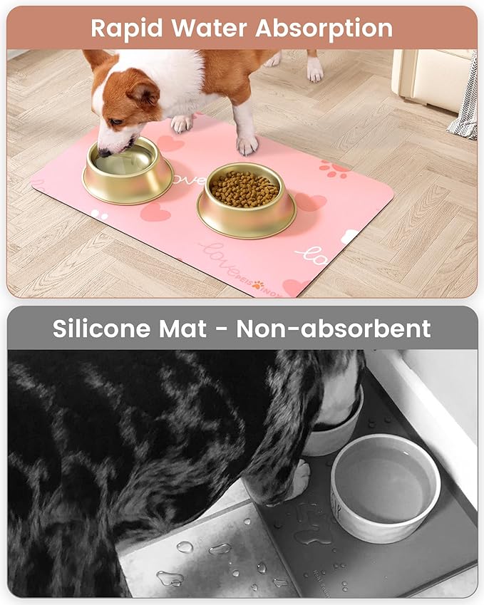 Cat Dog Food Mat, Rapid Water Absorption Dog Mat for Food and Water,100% Waterproof Cat Dog Bowl Mat, 16"x27"-Pink