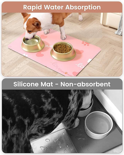 Cat Dog Food Mat, Rapid Water Absorption Dog Mat for Food and Water,100% Waterproof Cat Dog Bowl Mat, 16"x27"-Pink