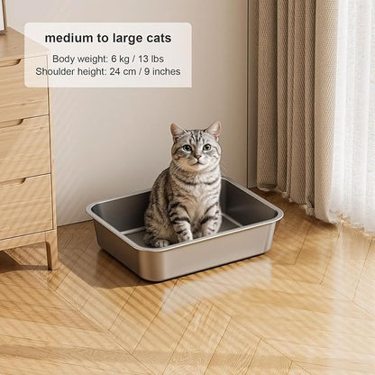 Large Stainless Steel Litter Box with High Sided, Metal Cat Litter Box, Odor-Free Non-Stick Litterbox Pan, Easy to Clean Pet Supplies Toilet Tray for Indoor Cats, Kittens or Multicat Homes