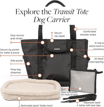 CLEVERPUP Transit Tote Dog Carrier for Small/Medium Dogs 8-20 lbs, 19x12x9 Soft-Sided 4-Pc Set with Waterproof Base, Plush Insert, Food Pouch, Mesh Head Opening - Medium, Graphite