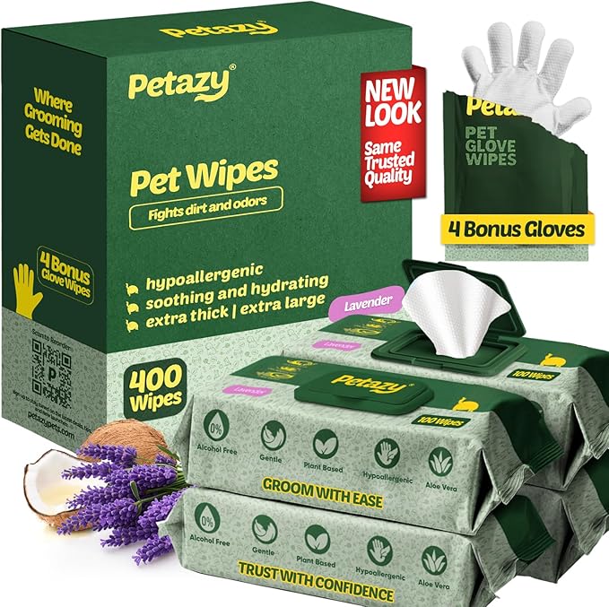 Dog Wipes for Paws and Butt – Hypoallergenic XL Dog Paw Cleaning Pet Wipes for Dogs and Cats, Deodorizing & Grooming for Body, Ears and Face, Lavender, 400 Count, Includes 4 Grooming Gloves