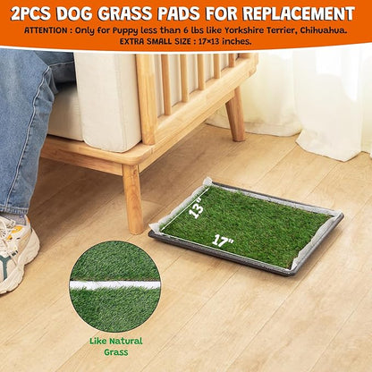 MEEXPAWS Dog Grass Pee Pads for Dogs with Tray | Extra Small 17 x 13 in for Puppy Less Than 6 lbs | 2× Artificial Grass Pads Replacement | Rapid Drainage | Indoor Dog Litter Box | Hemmed Edge