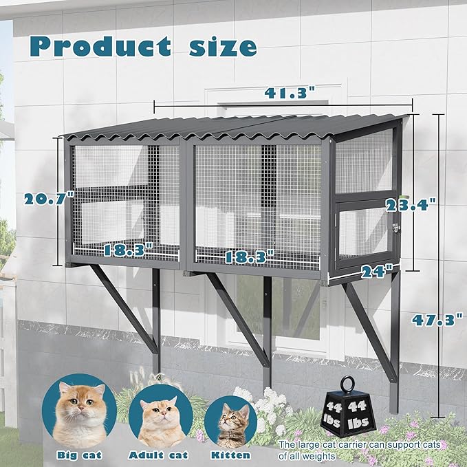 MAGIC UNION Cat Catio, Cat Window Perch for Large Indoor Cats - Expandable Wooden Windows Box Enclosure, Waterproof Window Hammock for Enjoying The Outdoor Sights (Grey, 82.6" L)