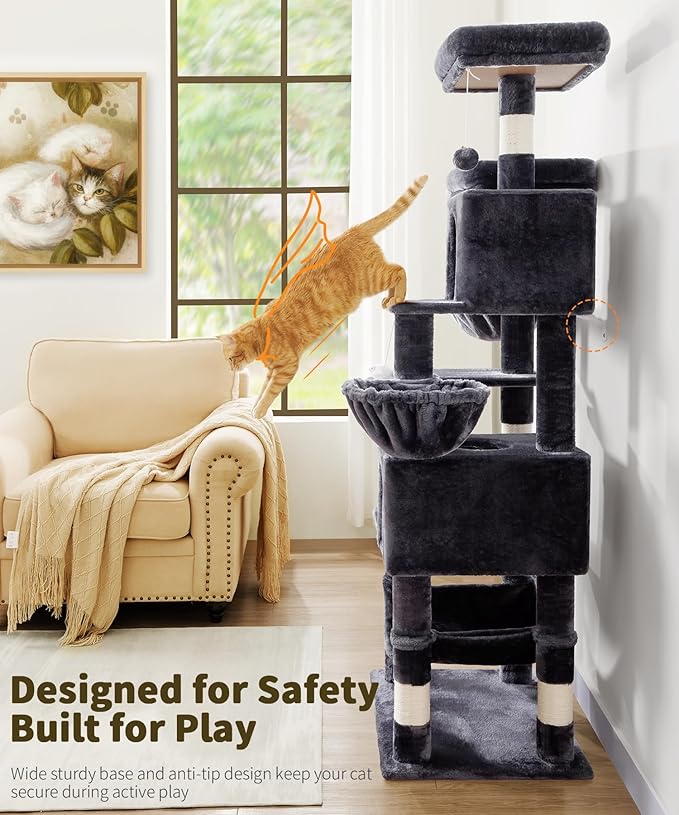 AMHANCIBLE Cat Tree, 70 Inch Cat Tower for Indoor Cats, Multi-Level Cat Tree with Scratching Post, Hammock, Hanging Basket, Large Cat Condos for Adult Cats Kittens, Dark Grey, PT18DG
