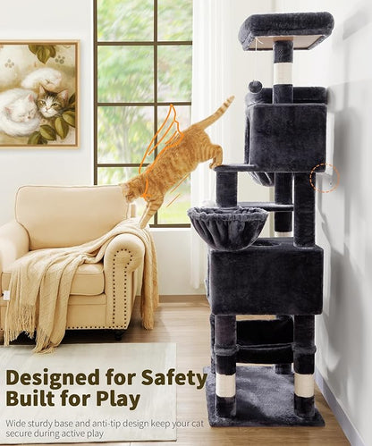 AMHANCIBLE Cat Tree, 70 Inch Cat Tower for Indoor Cats, Multi-Level Cat Tree with Scratching Post, Hammock, Hanging Basket, Large Cat Condos for Adult Cats Kittens, Dark Grey, PT18DG