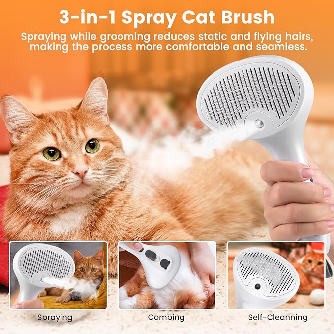 Pet Steam Brush for Dog & Cat, 4 in 1 Self Cleaning Cat Steam Brush for Shedding, Mist Spray Hair Removal Comb for Long Haired Pet Grooming, Effectively Prevents Flying Fur and Reduce Static