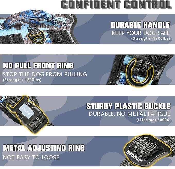 Auroth Tactical Dog Training Harness No Pulling Front Clip Leash Adhesion Reflective Pet Working Vest Easy Control for Small Medium Large Dogs Blue Camo M