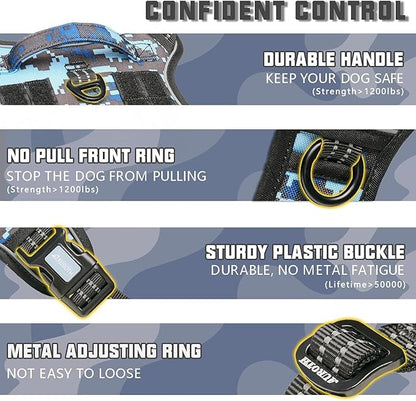 Auroth Tactical Dog Training Harness No Pulling Front Clip Leash Adhesion Reflective Pet Working Vest Easy Control for Small Medium Large Dogs Blue Camo M
