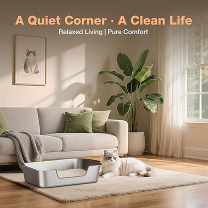 Stainless Steel Cat Litter Box with Low Entry, Large Metal Kitty Litter Box for Senior or Injured Cats, Odor-Free, Non-Stick, Easy to Clean, 23.4"x15.6"x5.9", for Multiple Cats