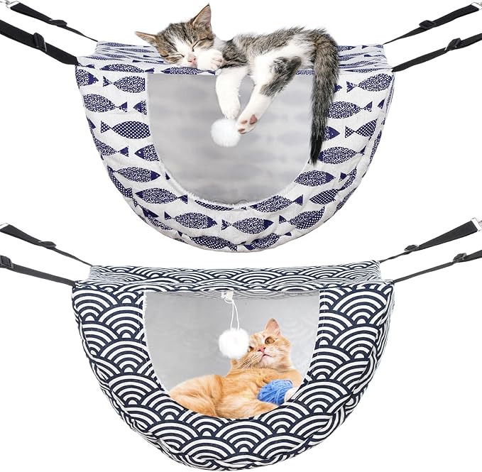 Unittype 2 Pieces Cat Cage Hammock Hanging Pet Bed Double Layer Soft Plush Hanging Pet Comfortable Hammock Bed for Indoor Kitten Ferret Hamster Rabbit or Small Animals, 2 Styles(Fish)