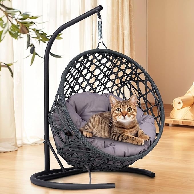 Anwick Cat Swing Bed with Stand & Cushion Indoor Outdoor, Egg Chair with Rattan Wicker Appearance, Indoor Hanging Swinging Hammocks for Cat, Dogs, and Small Animals Bedroom Porch (Gray-2)