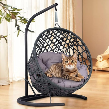 Anwick Cat Swing Bed with Stand & Cushion Indoor Outdoor, Egg Chair with Rattan Wicker Appearance, Indoor Hanging Swinging Hammocks for Cat, Dogs, and Small Animals Bedroom Porch (Gray-2)