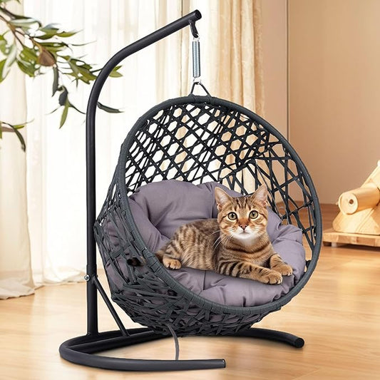 Anwick Cat Swing Bed with Stand & Cushion Indoor Outdoor, Egg Chair with Rattan Wicker Appearance, Indoor Hanging Swinging Hammocks for Cat, Dogs, and Small Animals Bedroom Porch (Gray-2)