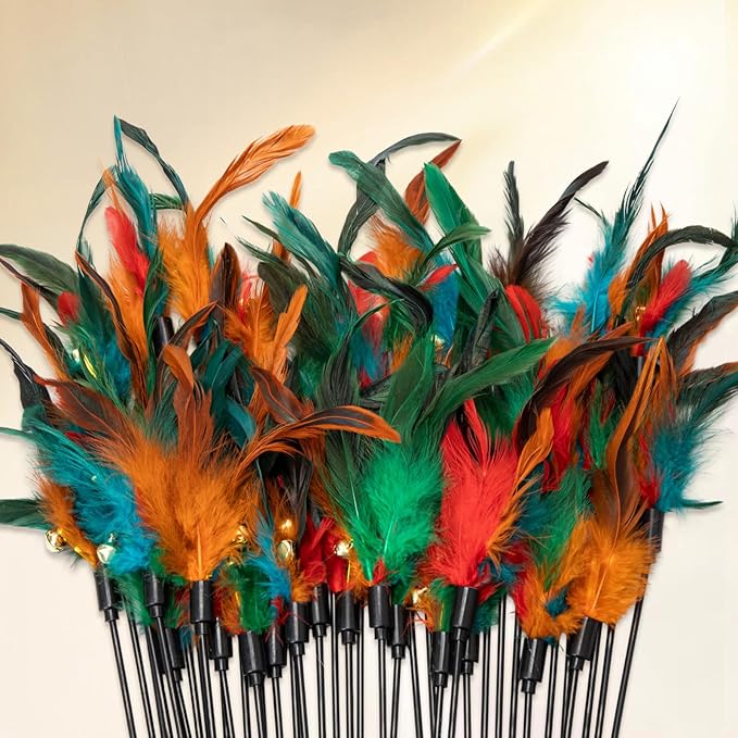 Leitee 50 Pcs Cat Wand Toy Feather Stick Cat Toy Bulk Feather Toys and Teaser Wand Bulk Interactive Stick for Indoor (Multi-Color)