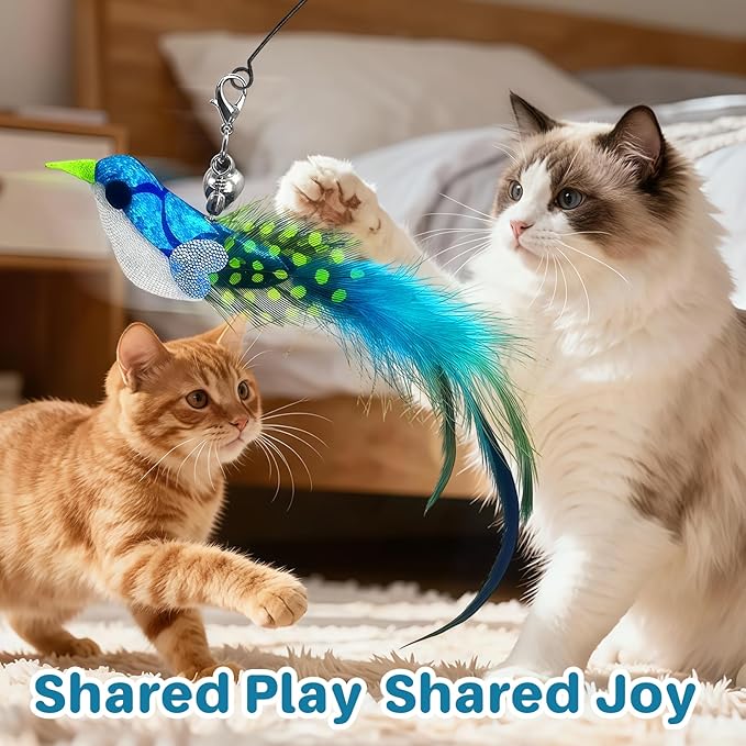 Cat Toy – Interactive Wand with Blue Bird Design Featuring Bell, Feather & Sparkle Teaser for Indoor Play with Owner or Solo Fun, Hands-Free Self-Play for Happy, Active Cats & Kittens