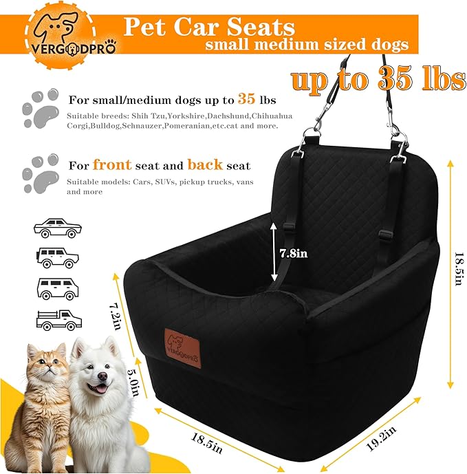 Dog Booster Car Seat for Medium/Small Sized Dogs,Memory Foam and Ultra Soft Fabric Car Pet Bed,Portable Travel Safety and Comfortable Dog Carseat with Washable Removable Cover,Thick Cushion（M-Black）