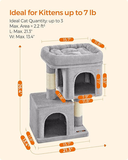 Feandrea Cat Tree, 26.4-Inch Cat Tower, Plush Condo for Kittens up to 7 lb, Large Perch, 2 Caves, Scratching Post, Light Gray UPCT611W01