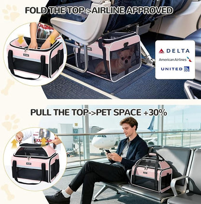 Lekereise Top-Expandable Pet Carrier 18x11x11Inch Delta American United Airline Approved Soft Sided Underseat to 15lbs Travel Carriers for Small Dogs Cats with Locking Safety Zippers Anti-Scratch Mesh