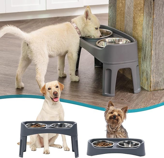 IRIS USA Adjustable Elevated Dog Bowls, Raised Feeder with 2 Stainless Steel 64 oz Bowls, Spill-Guard Rim, 12.25" or 4.63" Heights, Durable Plastic, Made in USA, Dark Gray