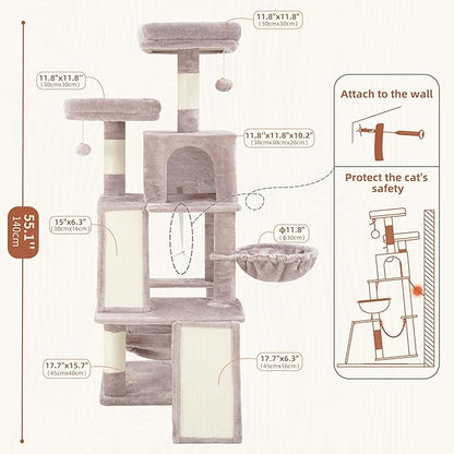 Multi-Level Cat Tree for Indoor Cats, Cat Tower with 2 Scratching Boards, 2 Plush Padding Platforms, Cat Condo House with Hammock, Basket, Muchroom GCT022MU