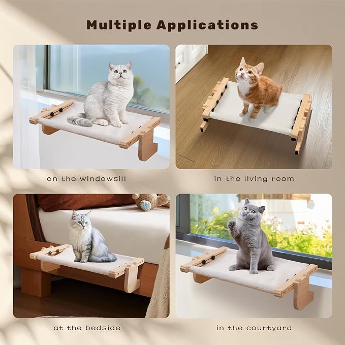 Laveivert 2-in-1 Cat Sill Window Perch, Cat Window Seat for Small & Large Cats, Nartural Color Wood & Metal Frame Cats Indoor Hammock Free-Standing, Easy to Adjust Windowsill