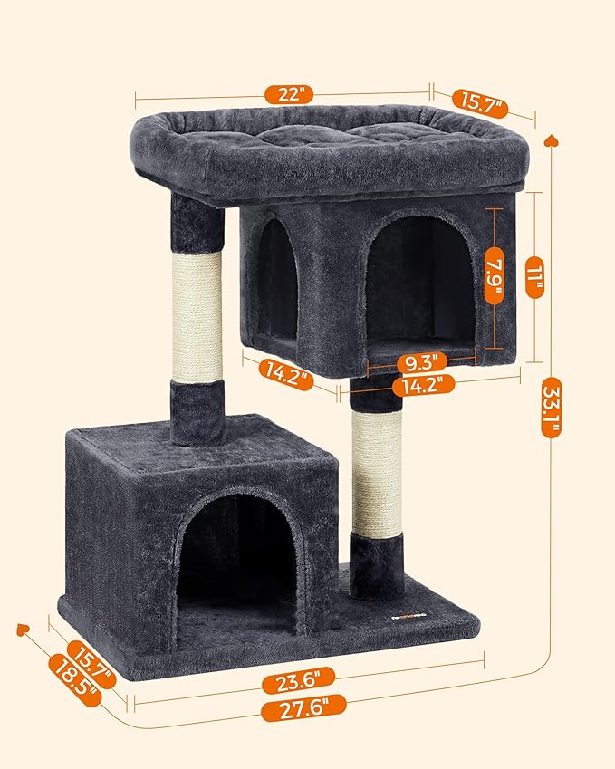 Feandrea Cat Tree, 33.1-Inch Cat Tower, Plush Condo for Large Cats up to 16 lb, Large Perch, 2 Caves, Scratching Post, Smoky Gray UPCT61G