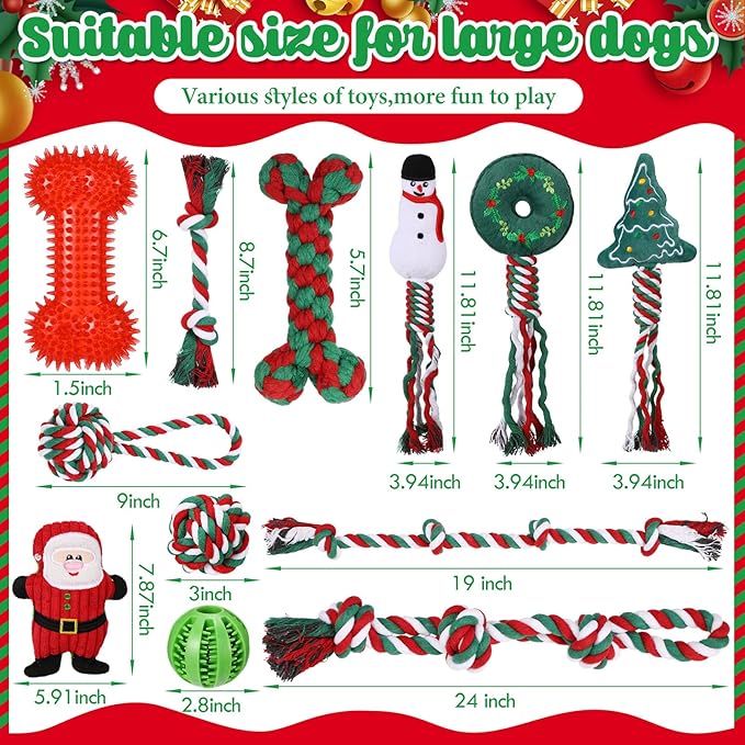 Vinsot 12 Pack Christmas Dog Gifts Large Dog Chew Toys for Aggressive Chewers Red Green White Teething Toys with Dental Rope Squeaky Balls and Chew Bone for Medium Large X-Large Breeds Dogs