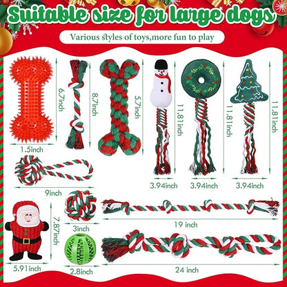 Vinsot 12 Pack Christmas Dog Gifts Large Dog Chew Toys for Aggressive Chewers Red Green White Teething Toys with Dental Rope Squeaky Balls and Chew Bone for Medium Large X-Large Breeds Dogs