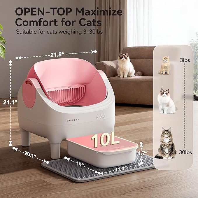 Thereye Self Cleaning Litter Box, Open-Top Automatic Litter Box with Smart App and Safety Sensors, Large Auto Litter Box for Multiple Cats, 10L Waste Bin with Odor Control, Includes Trash Bag, Pink