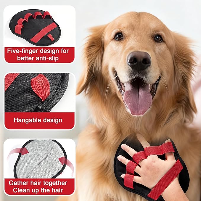 2pcs Pet Hair Fur Removal Mitt Glove for Cats Dogs 5-Finger Electrostatic Reusable Pet Hair Remover Brush Tool for Couch Furniture Carpet Laundry Clothing (Red)